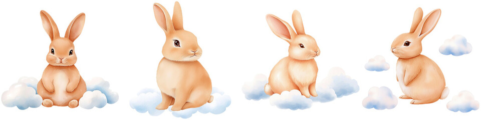 Obraz premium Baby bunny fluffy and warmth, Four adorable rabbits in various poses, accompanied by fluffy clouds, showcasing their playful and whimsical nature.