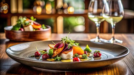 Fancy dish of gourmet food in a trendy restaurant, gourmet, fancy, dinner, dish, cuisine, modern, restaurant