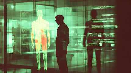 Man viewing a digital human anatomy projection.