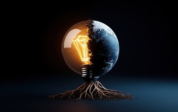 A glowing light bulb within a half-earth globe, symbolizing innovation, energy, and sustainability with roots extending below.