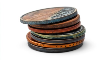 A stack coins, collectible element, hyper-realistic detail, metallic hues, isolated on white background 
