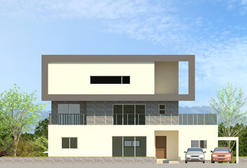 modern house in the hill, 3D Elevation Architectural Rendering of a Two-Story Modern House Design