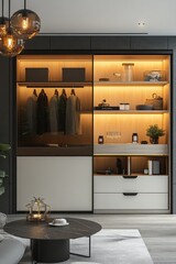 Modern minimalist wardrobe with glass sliding doors, warm LED lighting, and ample storage.