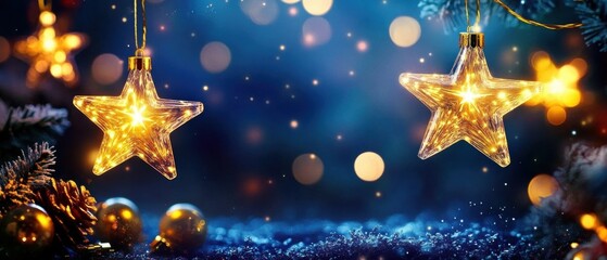 Fototapeta premium Sparkling Illuminated Star Ornaments Hanging on Festive Winter Background