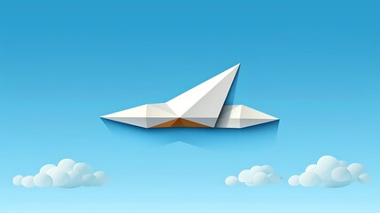 Origami paper boat floats on a clear blue sky above fluffy white clouds.