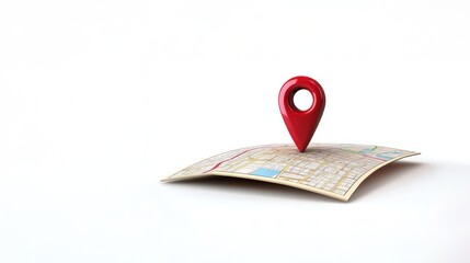 A 3d red map pin icon stands on an open street map on a white background, symbolizing gps navigation, route planning, and road trip planner technology