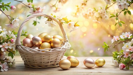 A wicker basket filled with golden and silver eggs surrounded by blooming cherry blossoms in a spring setting.
