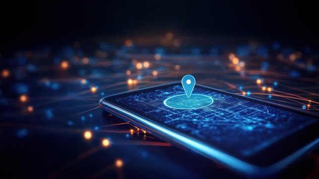 A smartphone displays a map with a location pin icon focusing on gps navigation, sat nav capabilities, route planning, and road trip route concepts