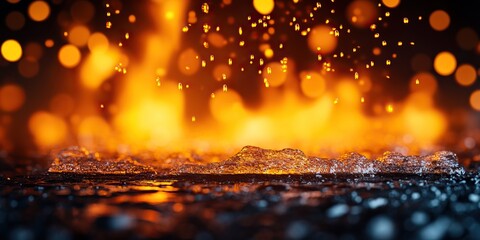Naklejka premium A mesmerizing display of vibrant orange flames and sparkling droplets, creating an enchanting atmosphere of heat and motion.