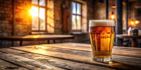 A frosty glass of beer sits on a wooden table in a rustic pub setting, the sunlight streaming in through the windows casting a warm glow