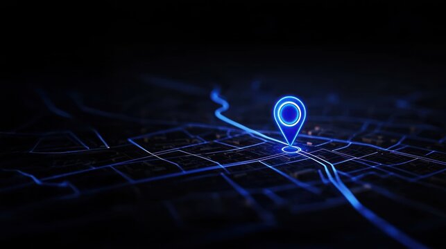 A glowing blue location pin appears on an abstract digital map against a dark background, showcasing gps navigation, sat nav, and route planning functions