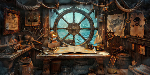 Fototapeta premium Interior View of a Pirate Ship Captain's Cabin