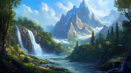 Fototapeta premium Dreamy Landscape with Magical Sky and Clouds Wallpaper Background Generative AI