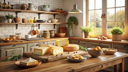 Rustic Kitchen Tabletop with Cheese and Bread, Featuring a Window with Natural Light, Warm Tones, and Wooden Elements