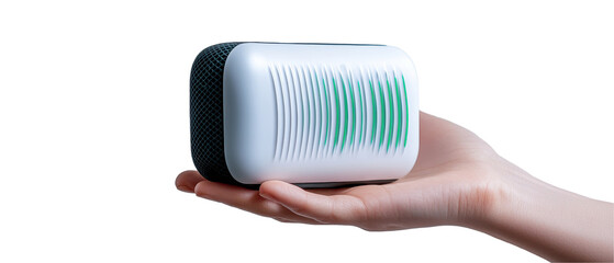 Handheld wireless speaker with sound waves. transparent background