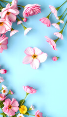 Obraz premium Beautiful spring pink flowers on blue pastel table top view. Floral border. Flat lay style, close-up, with white tones