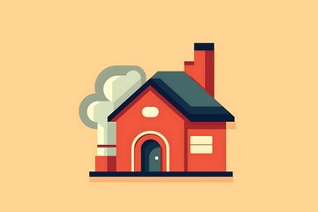 Red house with chimney emitting smoke, flat design illustration.
