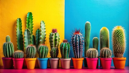 A vibrant display of cacti in colorful pots against a backdrop of yellow and blue hues.