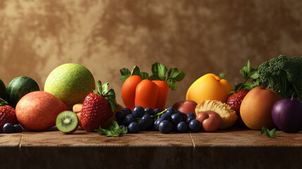 Vibrant Fruits and Vegetables Still Life, Healthy Eating, Colorful Produce, 3D Render, Food Photography