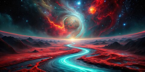 Fototapeta premium Abstract cosmic landscape with bright red stream surrounded by dark colors, cosmic, geological, abstract, background, red, bright