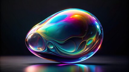 A single iridescent orb rests on a dark surface, casting a colorful reflection. The orb appears translucent with swirling patterns of light and dark hues.
