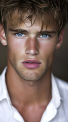 Fototapeta premium classic white shirt blue eyed handsome young male model timeless fashion simple clean wardrobe beauty vertical format