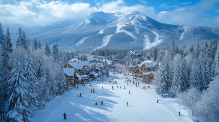 A high-angle view of a busy ski resort, with multiple ski slopes of varying difficulty, colorful skiers, snow-covered trees and a backdrop of majestic alpine mountains