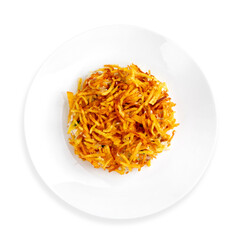 Salad Wood Grouse Nest, salad with fried potatoes, top view, on a white background, isolated.