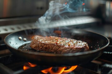 Fototapeta premium A thick steak sizzles in a frying pan, releasing steam and mouthwatering aromas. The flames dance beneath as it cooks, creating an enticing atmosphere in the kitchen.