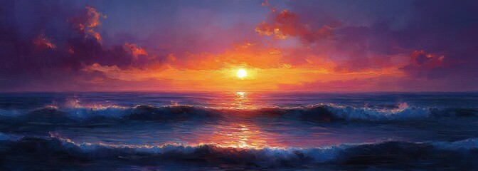 Serene Sunset Over Ocean Impressionist Style Soft Pastel Colors Deep Purples Warm Oranges Gentle Waves Reflections Horizon