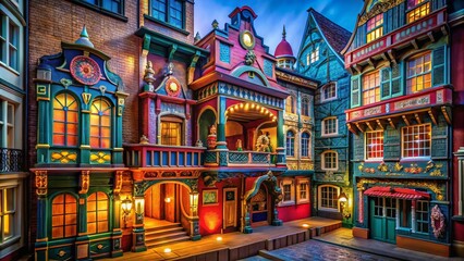 Obraz premium Captivating Puppet Theatre Building with Charming Architecture and Colorful Facade, Ideal for Creative Projects and Cultural Illustrations in a Vibrant Urban Setting