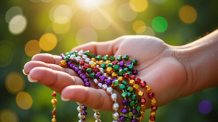 Hand holding colorful Mardi Gras beads with sunlight in the background