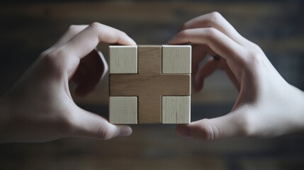Hands carefully hold a wooden puzzle cube