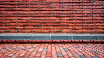 A textured brick wall with a gray concrete ledge and a patterned brick floor, creating a simple yet elegant architectural scene.