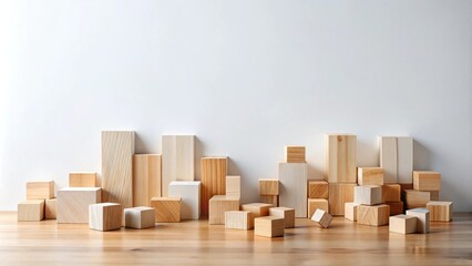 Obraz premium A Minimalist Arrangement of Wooden Cubes and Blocks on a Light Wood Surface Against a White Wall