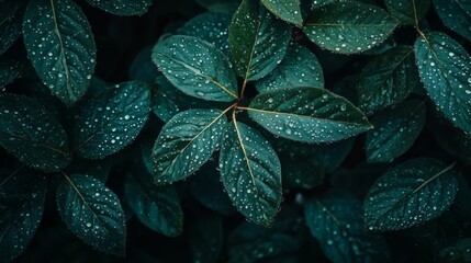 Dew-Covered Green Leaves in a Lush Forest