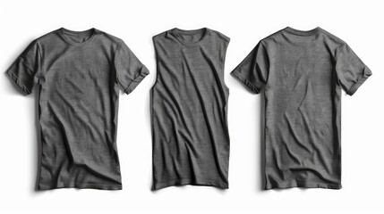 2 Set of dark light grey tee t shirt round neck front, back and side view on white background cutout, PNG file. Mockup template for artwork graphic design.