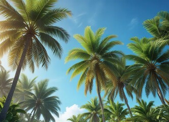 Fototapeta premium tropical paradise landscape with palm leaves and clear blue sky, pink, palm tree, natural beauty