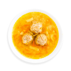 Soup with meatballs, top view, on a white background, isolated.