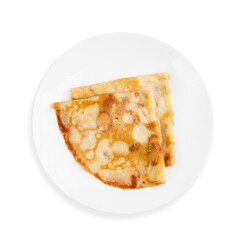 Russian pancakes with butter, top view, on white background, isolated.