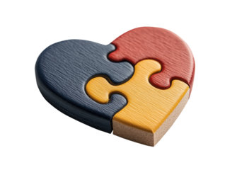 Close-up of a heart-shaped wooden puzzle with interlocking red, blue, and yellow pieces on a black background