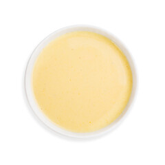 Cheese cream soup, top view, on a white background, isolated.