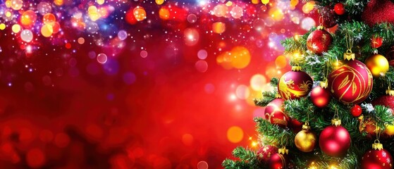 Sparkling Christmas Tree with Red and Gold Ornaments and Festive Bokeh Lights
