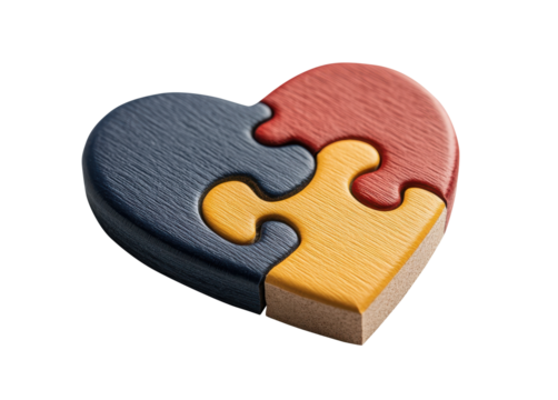 Close-up of a heart-shaped wooden puzzle with interlocking red, blue, and yellow pieces on a black background