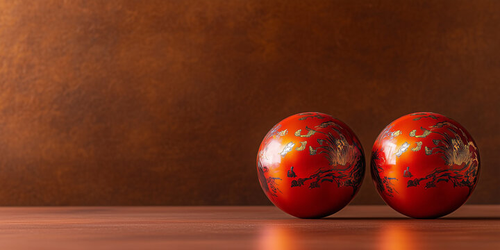 Traditional chinese medicine red baoding balls on wooden surface with brown background