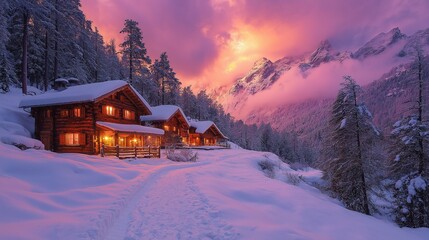 Fototapeta premium A rustic alpine chalet perched on the edge of a snowy forest, smoke rising from the chimney, high mountains in the background under a starry night sky.