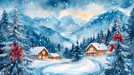 Naklejka premium Snowy Mountain Village with Cabin Lights and Red Bows