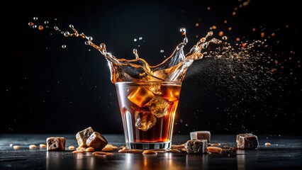 Captivating Silhouette of a Coffee Splash in a Glass as Ice Cubes Create Dramatic Effects Against a Black Background
