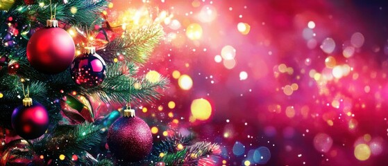 Sparkling Christmas Tree Ornaments with Festive Red and Pink Bokeh Lights