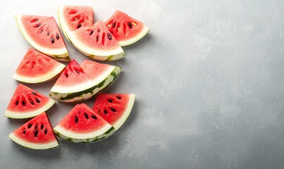Slices of watermelon on a soft gray background, arranged in a flat lay, top view style, with plenty of space for copy.